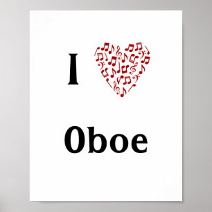 Affiche I Love Oboe Red Heart of Music Notes