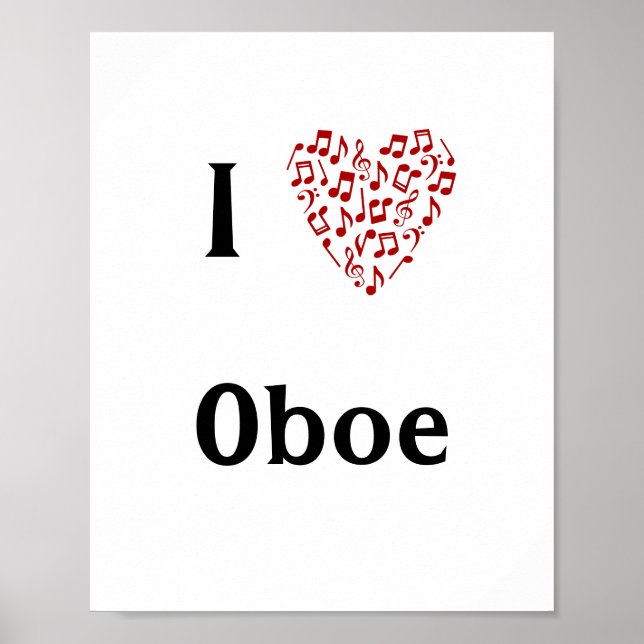 Affiche I Love Oboe Red Heart of Music Notes (Devant)