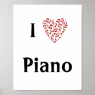 Affiche I Love Piano Red Heart of Music Notes