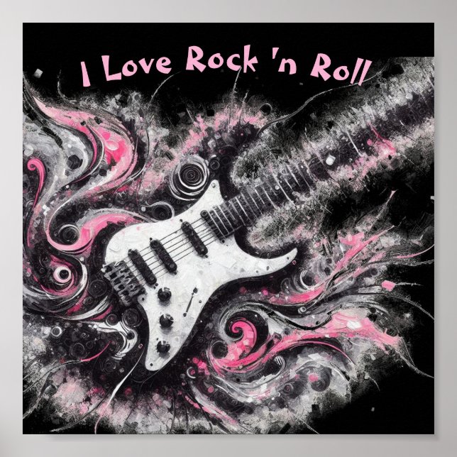 Affiche I Love Rock N Roll Guitare électrique rose noir (Devant)