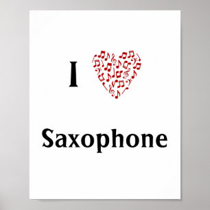 Affiche I Love Saxophone Red Heart of Music Notes