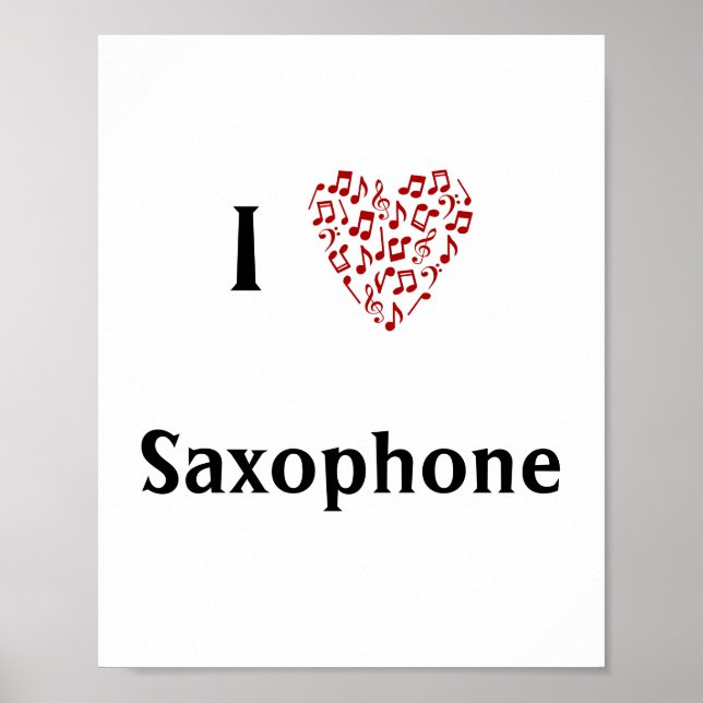 Affiche I Love Saxophone Red Heart of Music Notes (Devant)