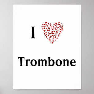 Affiche I Love Trombone Red Heart of Music Notes