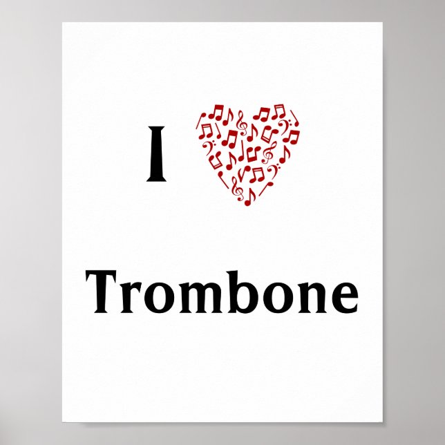 Affiche I Love Trombone Red Heart of Music Notes (Devant)
