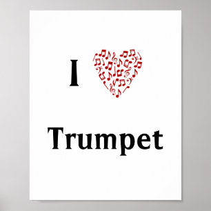 Affiche I Love Trumpet Red Heart of Music Notes