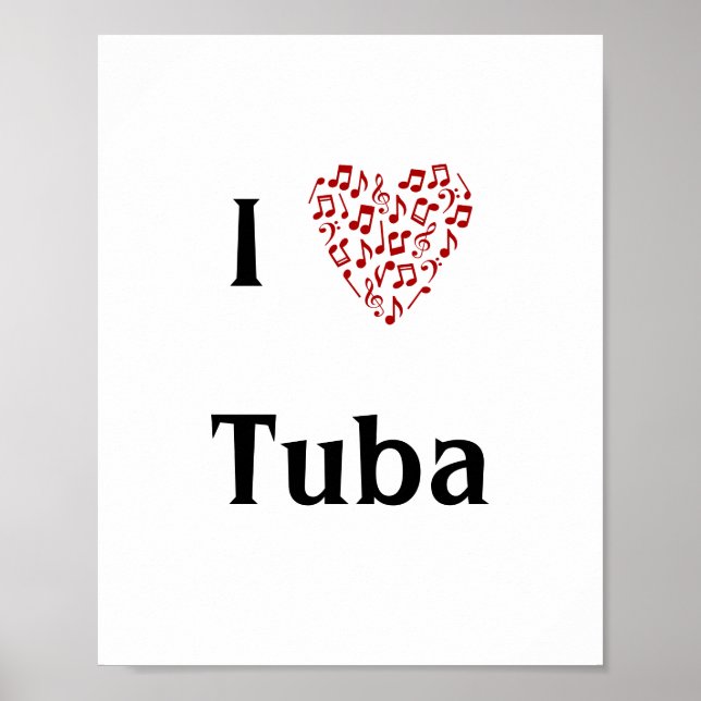 Affiche I Love Tuba Red Heart of Music Notes (Devant)