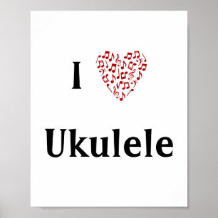 Affiche I Love Ukulele Red Heart of Music Notes