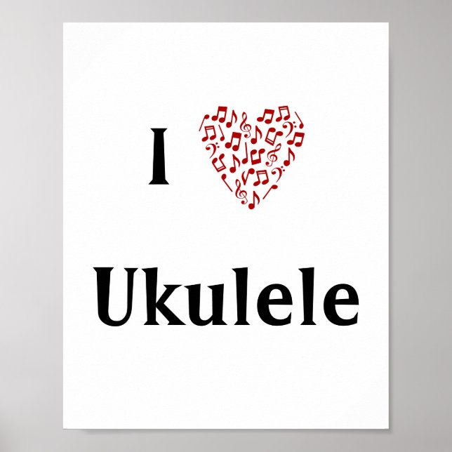 Affiche I Love Ukulele Red Heart of Music Notes (Devant)