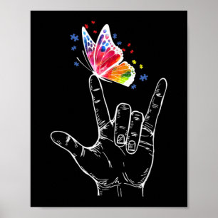 Affiche I Love You Hand Sign Language Butterfly Autism