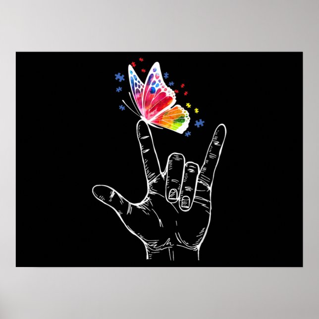 Affiche I Love You Hand Sign Language Butterfly Autism (Devant)