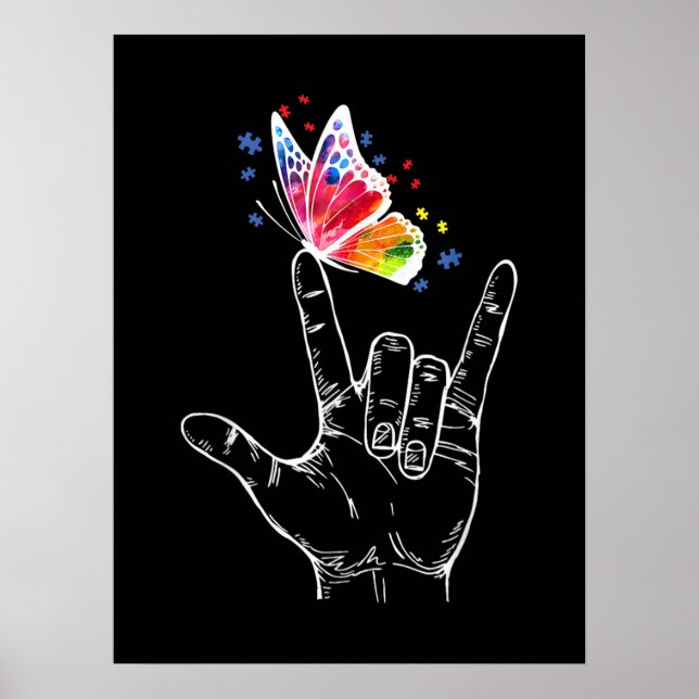 Affiche I Love You Hand Sign Language Butterfly Autism (Devant)
