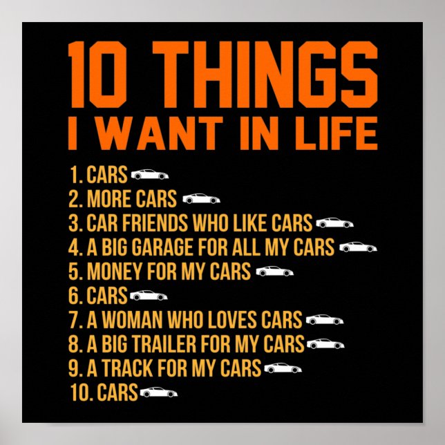 Affiche I Want Cars In Life Mechanic Auto Mechanics Work (Devant)