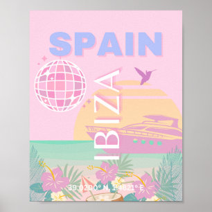 Affiche Ibiza, Espagne, Art Voyage, Art Preppy, Rose