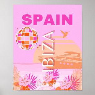 Affiche Ibiza, Espagne, Art Voyage, Art Preppy, Rose, Prep