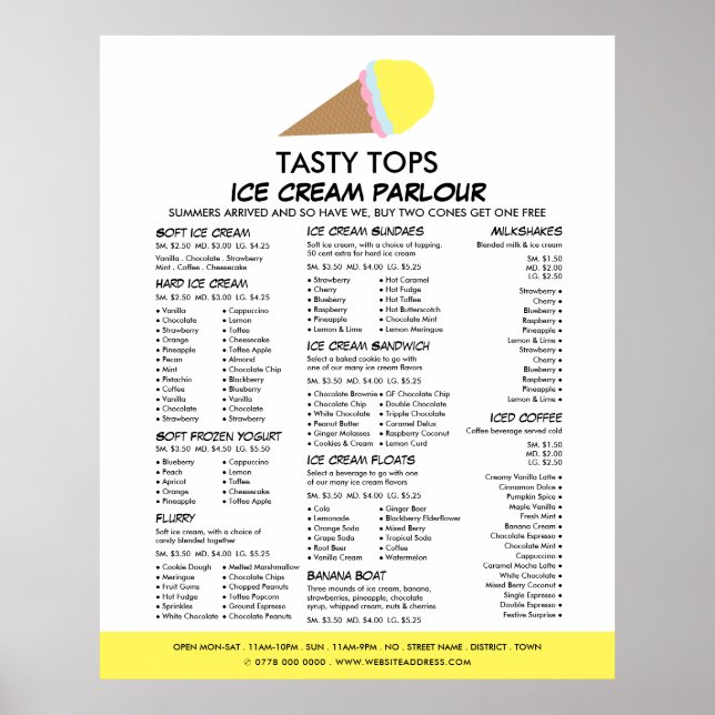 Affiche Ice Cream Cone, Ice Cream Parlor Menu (Devant)