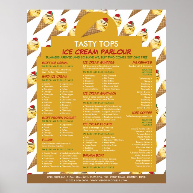Affiche Ice Cream Cones, Ice Cream Parlour Menu (Devant)
