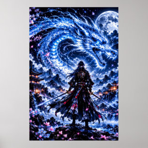 Affiche Ice Dragon Samurai — Guerrier d'Âme Néon