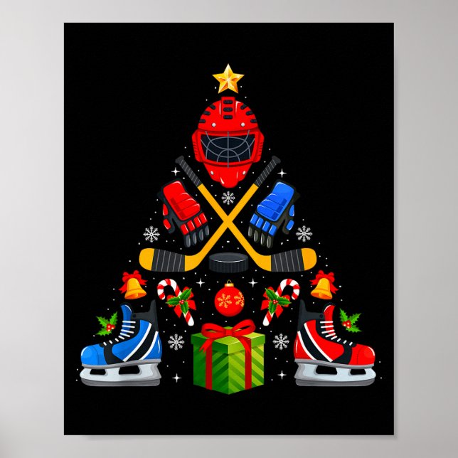 Affiche Ice Hockey Christmas Tree Lights Red Santa Hat Xma (Devant)