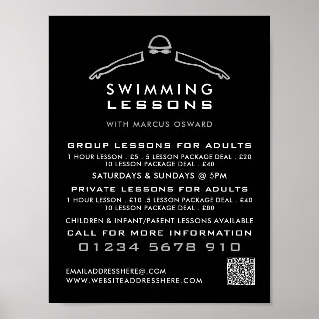 Affiche Icône de nage à huile d'argent, advert de leçon de (Devant)