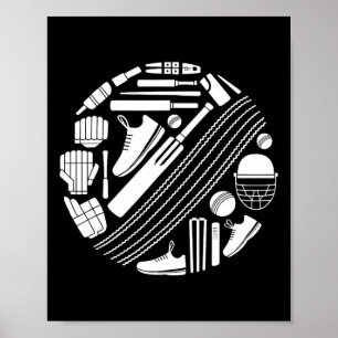 Affiche Icône d'équipement de cricket silhouette de joueur