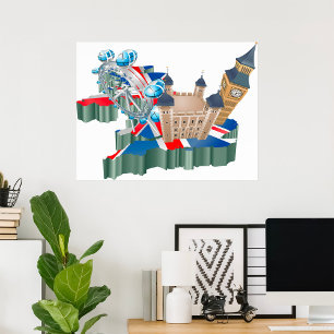 Affiche Icone Londres Points de repère Carte Royaume-Uni V