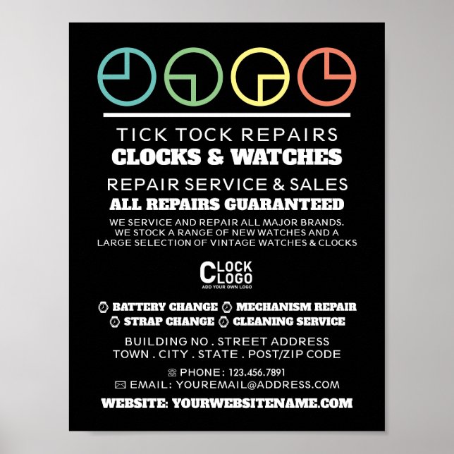 Affiche Icônes de cadran d'horloge, publicité d'horloger (Devant)