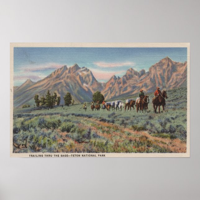 Affiche Idaho - Vue des hommes à cheval sur Teton Mts. (Devant)