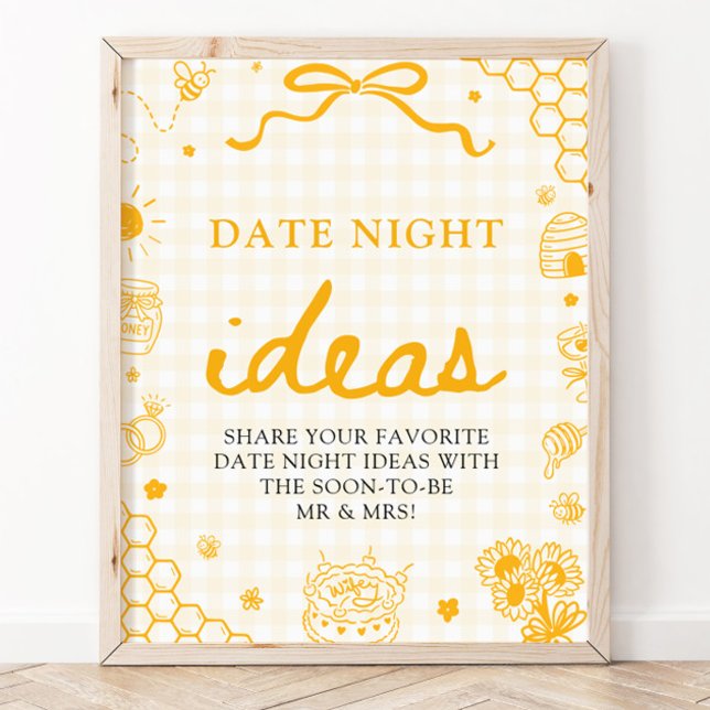 Affiche Idées de soirée en amoureux abeille miel gingham j (Modern Yellow Gingham Honey Bee Date Night Ideas Game Sign)