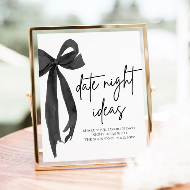 Affiche Idées de soirée en amoureux modernes avec un nœud  (Modern Black Bow Bridal Date Night Ideas Game Sign)