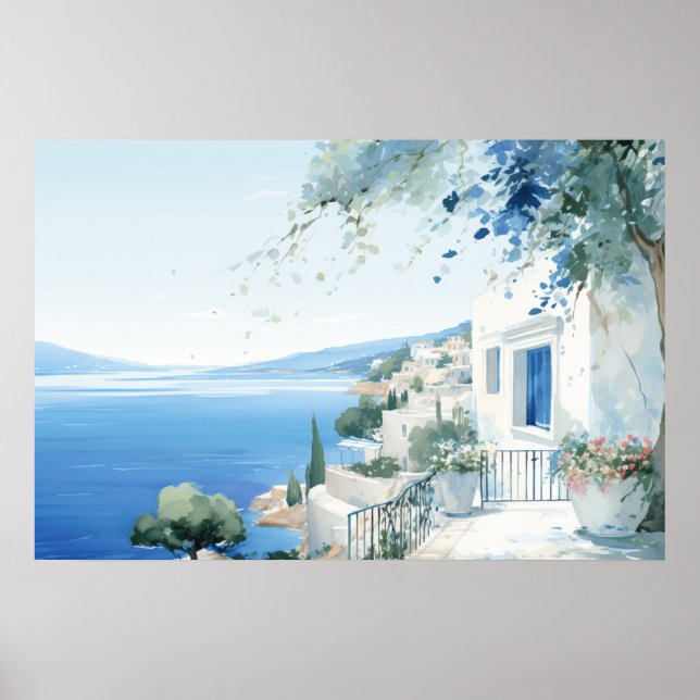 Affiche Idyllic Greek Island : Aquarelle numérique (Devant)