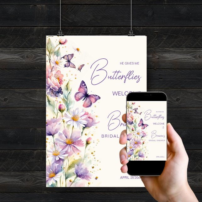 Affiche Il me donne papillons nuptiale douche signe de bie (He gives me butterflies purple lavender bridal shower welcome sign editable template digital downloa)