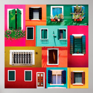 Affiche Île colorée de Burano de collection de fenêtres en