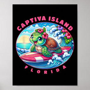 Affiche Île de Captiva Floride Fille Mignonne Surfant Tort
