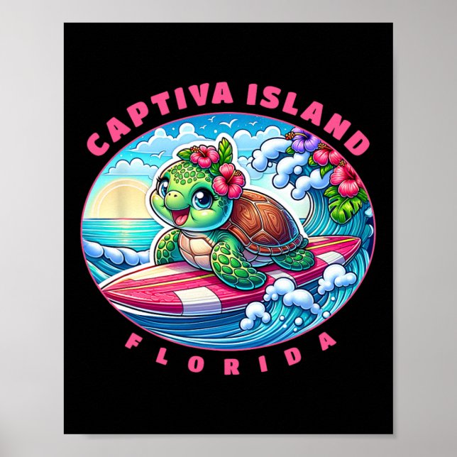 Affiche Île de Captiva Floride Fille Mignonne Surfant Tort (Devant)