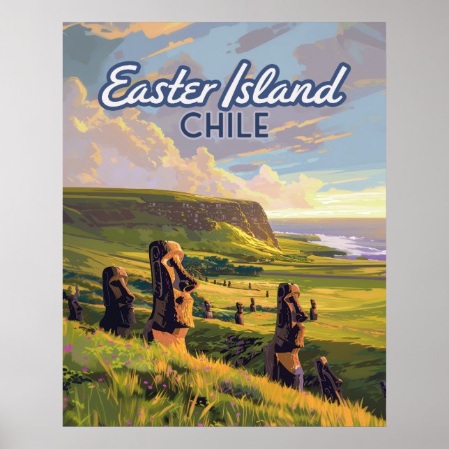 Affiche Île de Pâques Chili Moai Rapa Nui Polynésie Rétro (Devant)