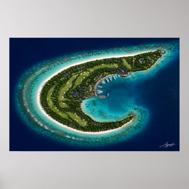 Affiche Île en forme de boomerang avec vue satellite sur l (Devant)