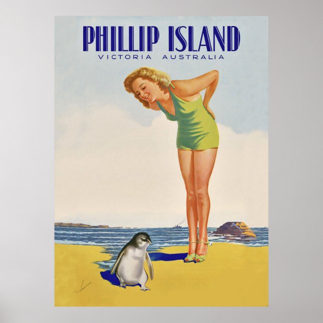 Affiche Île Philip, Australie, fille avec manchot (Devant)