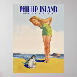 Affiche Île Philip, Australie, fille avec pingouin