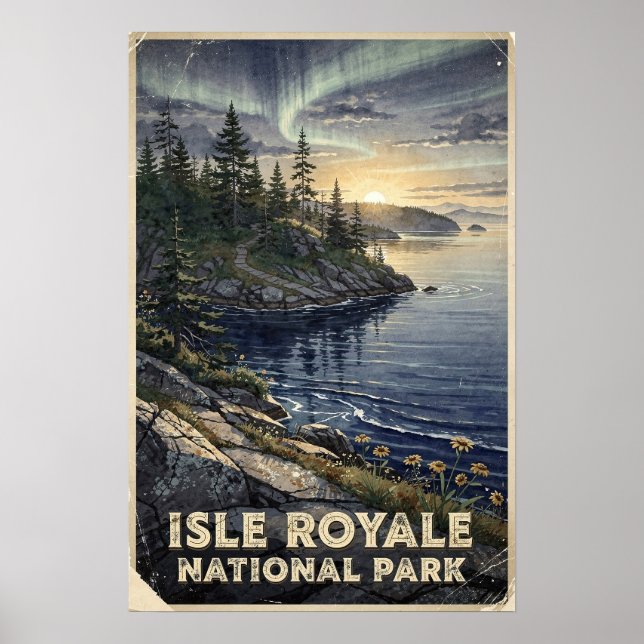 Affiche Île Royale Parc National Aquarelle Rétro (Devant)