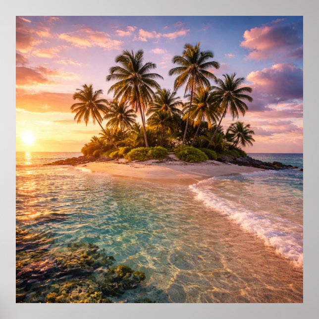 Affiche Île tropicale au coucher du soleil (Devant)
