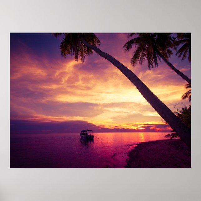 Affiche Île tropicale au coucher du soleil avec une affich (Devant)