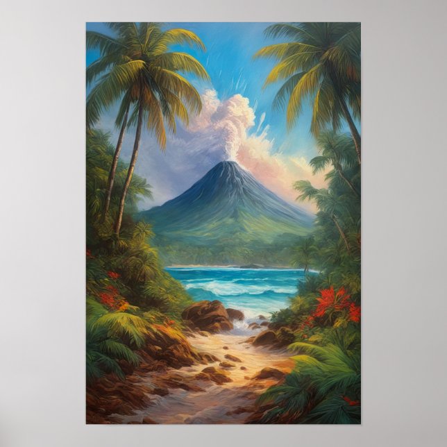 Affiche Île tropicale avec volcan à la baisse (Devant)