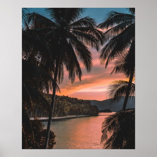 Affiche Ile tropicale Coucher de soleil du Palmier du soir (Devant)