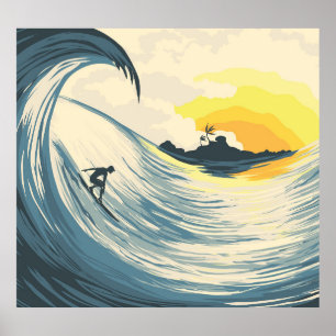 Affiche Île tropicale, vague, coucher de soleil de surfer.