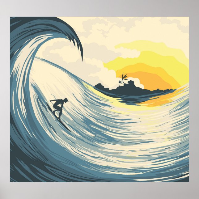 Affiche Île tropicale, vague, coucher de soleil de surfer. (Devant)