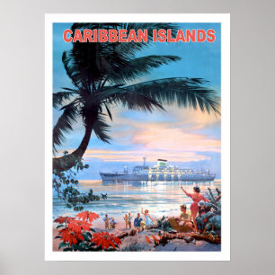 Affiche îles des Caraïbes, bateau croiseur, voyage vintage