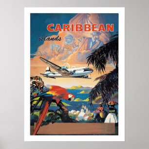 Affiche îles des Caraïbes en avion, compagnie aérienne vin