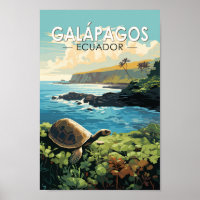 Îles Galapagos Tortue géante Voyage Art Retro