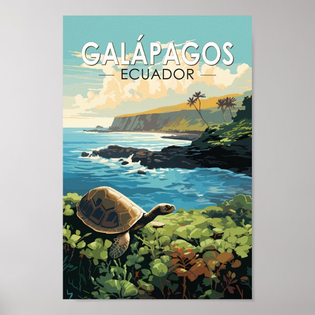 Affiche Îles Galapagos Tortue géante Voyage Art Retro (Devant)