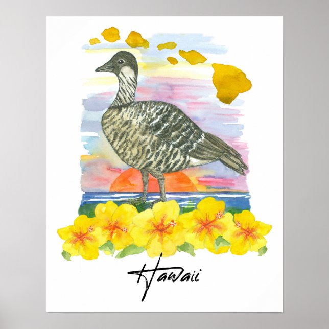 Affiche Îles Hawaï Oiseau d'État Nene Coucher de soleil Oc (Devant)
